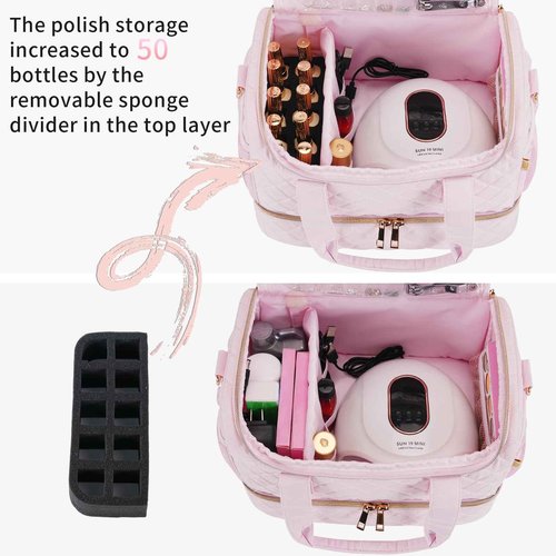 GR69N Nail Polish Organizer Case,Nail Storage Organizer Holds Nail Lamp & 50 Bottles Nail Polish,Travel Nail Tech Case,Nail Kit Organizer Bag Fits Nail Supplies & Manicure Tools,Pink (Patented)