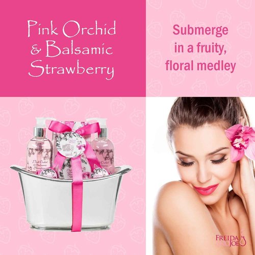 Aromatherapy Essentials Spa Set for Women in Large Silver Tub. Bath Set Includes 2 Bath Bombs, Body Lotion, etc (Pink Orchid and Balsamic Strawberry)