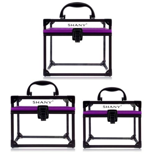 SHANY Clear Cosmetics and Toiletry Train Case - Clear Travel Makeup Bag Case Organizer with Secure Closure and Black/Purple Accents - 3PC Set