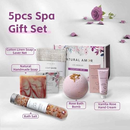 Rose Bath Spa Gift for Women,Handmade Spa gift for her, 5pc Bath & Body Gift Including Soap Bar, Hand Cream, Bath Salt, Soap Saver, Bath Bomb,Self Care Package by Natural Amor