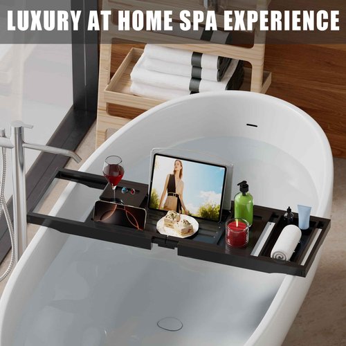 Foldable Bathtub Caddy Tray for Tub,Bamboo Expandable Bath Table Trays,Premium Bathroom Accessories for New Home & Mothers Day & Birthday Gifts for Couples,Black