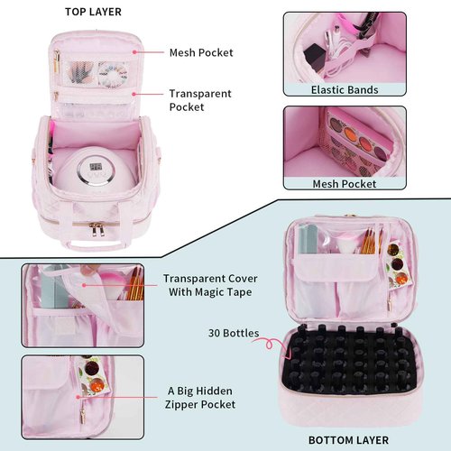 VOFIpremiAm Nail Polish Organizer Case Fits Nail Lamp and 30 Bottles,Nail Organizers and Storage for Nail Tech Travel,Pretty Nail Polish Storage Bag Fits Nail Kit & Manicure Tools (Patented)