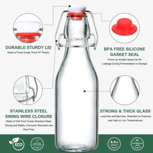 8-Pack 8.5oz Flip Top Glass Bottles, Swing Top Beer Brewing Bottle for Fermentation, Kombucha, Kefir, Vanilla Extract, Coquito, Juice, Soda, Tea - Airtight Stopper Cap Lid, Bonus 2 Bottle Pourers