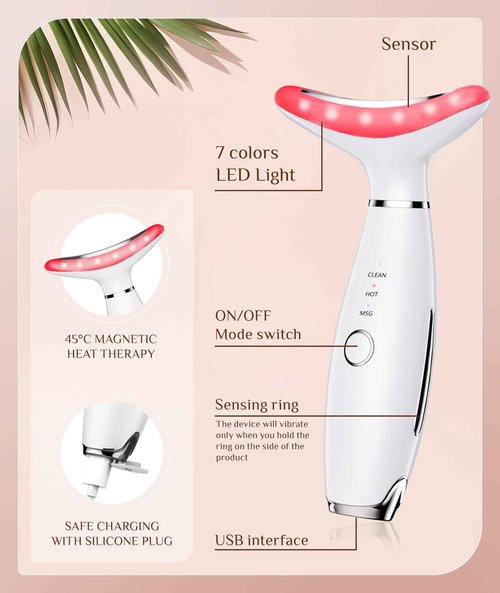 Dopsikn 7 Color Galvanic Machines - Red Light Therapy for Face and Neck, Face Massager Tool for Wrinkles, Double Chin, Vibrating Facial Massager with Thermals, White