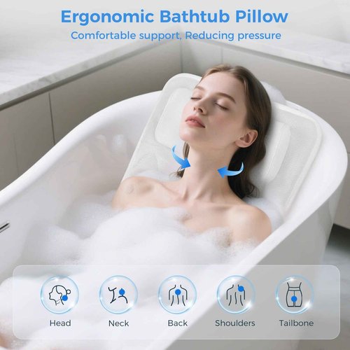 LOOWARTS Full Body Bath Pillow for Tub, Soft Bathtub Pillow for Neck and Back Support, Washable 4D Mesh Bathtub Cushion with 11 Non-Slip Suction Cups, White