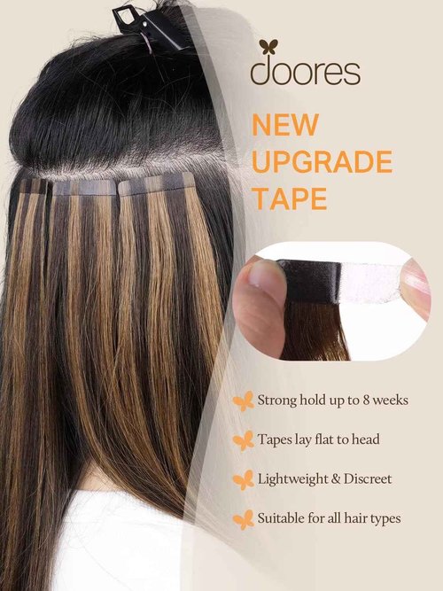 DOORES 20pcs Human Hair Balayage Chocolate Brown to Caramel Blonde Remy Silky Straight Hair Extensions Tape in Skin Weft Natural 50g 20 Inch