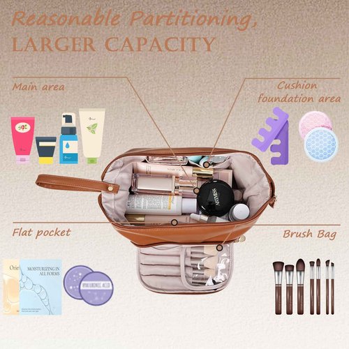CHATSZ Makeup Bag for Women, Waterproof Cosmetic Bags, Travel Toiletry Bag, Makeup Bag Organizer with Divider and Handle, Wide-Open Cosmetic Case Portable (Brown)