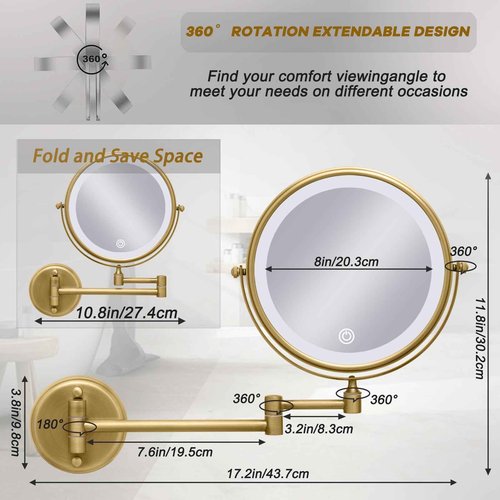 LEDOOLE Wall Mounted Lighted 8 Inches Rechargeable Double-Sided 1X/10X Magnifying Mirror for Makeup, 3 Colors Led, Touch Dimmable, Memory Function, 360 Rotation, Foldable, Brushed Antique Brass
