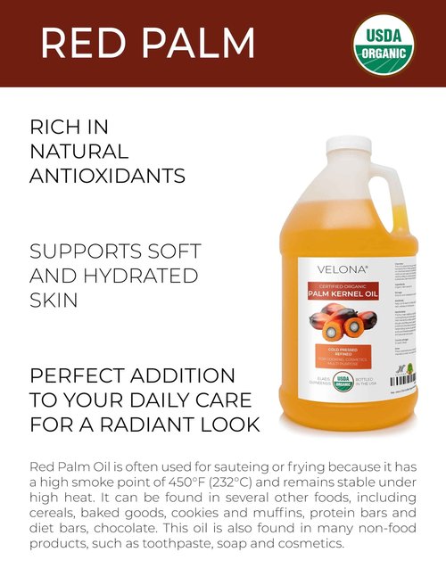 velona USDA Certified Organic Red Palm Oil 1 Gallon / 128 Fl Oz | Food and Cosmetic Grade | in jar | Extra Virgin, Cold Pressed | Skin, Face, Body, Hair Care | Use Today - Enjoy Results