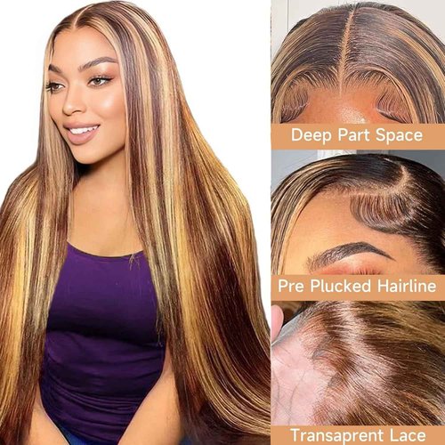 20 inch 13x6 Ombre Highlight Lace Front Wig Human Hair 4/27 Colored Straight Human Hair Wigs HD Transparent Lace Frontal Wigs Pre Plucked with Baby Hair 180% Density