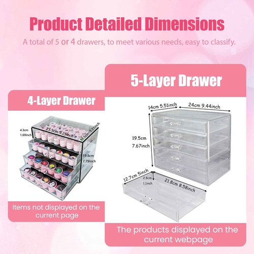 Guolich 5 Tier Nail Art Decoration Storage Box,Acrylic Make Up&Jewelry Organizer with Drawers, Cosmetic Storage for Dresser Countertop and Bathroom,Transparent Acrylic Nail Art Jewelry Accessories