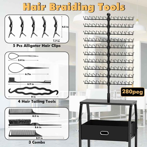 XINTUO Portable Braiding Hair Rack with Wheels & Storage Drawers,280 Pegs Hair Extension Holder Hanger for Braiding Hair Separator Stand Display,Hair Rack with Stylist Hair braiding Tools(Black)
