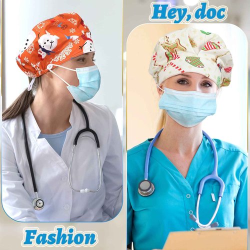 6 Pcs Christmas Bouffant Scrub Cap with Buttons Adjustable Working Hats Surgical Cap with Sweatband for Women Men