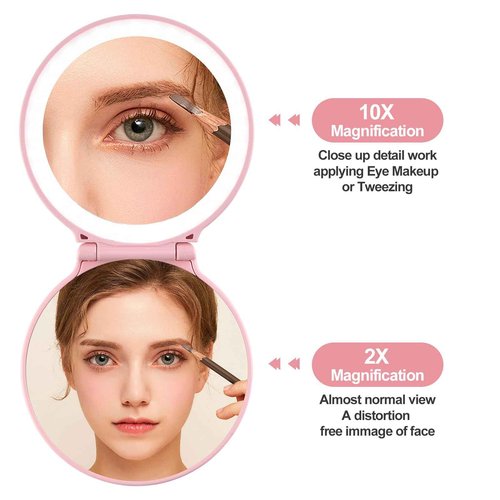 Makefango Compact Makeup Mirror with Lights - 3.5" Portable, 2-Sided, Lightweight & Shatterproof, Folding Magnifying Mirror 2X/10X, for Women