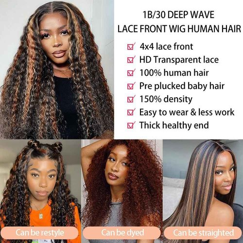 Super idol Ombre Highlight Lace Front Wigs Human Hair 1B/30 Black and Brown Deep Wave Wigs Honey Blonde Human Hair Pre Plucked with Baby Hair 150% Density (1B/30 Highlight Wig, 18 Inch)