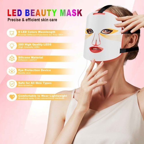 Hopihe LED Face Mask Light Therapy, 7 Color LED Red Light Therapy for Face with 3 Modes Rechargeable Remote, 850NM Infrared & Red Light Mask Timing Function for Home(White)