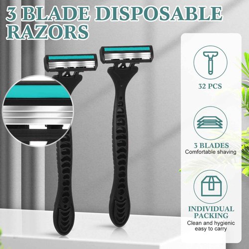 Wovnet 32 Pcs Men's Disposable Razors Bulk 3 Blade Shaving Razors for Sensitive Skin Comfortable Head Shave Christmas Gifts