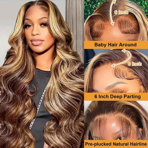 Lukymart Highlight Ombre Lace Front Wigs Human Hair 13x6 Body Wave Frontal Wigs Pre Plucked With Baby Hair 180% Density 4/27 Colored Honey Blonde Wig Human Hair for Women 24 Inch