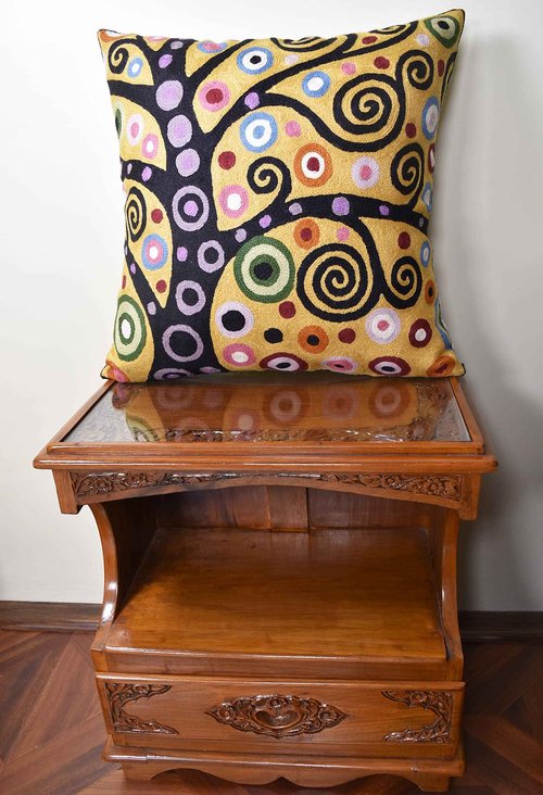 Klimt Yellow Tree of Life Pillow Cover Gold Floral Pillowcase Flower Botanical Gold Accent Suzani Sofa Cushions Kids Room Cushions Hand Embroidered Wool Size - 18x18