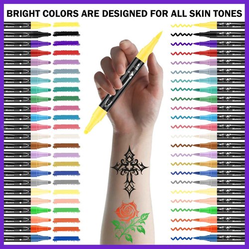 Ponhey Temporary Tattoo Markers for Skin, 24 Body Markers+67 Large Tattoo Stencils,Dual-End Tattoo Pens,Fine Lines with Cosmetic-Grade,Flexible, Skin-Safe Face Paint Kit for Kids Teenage Adults