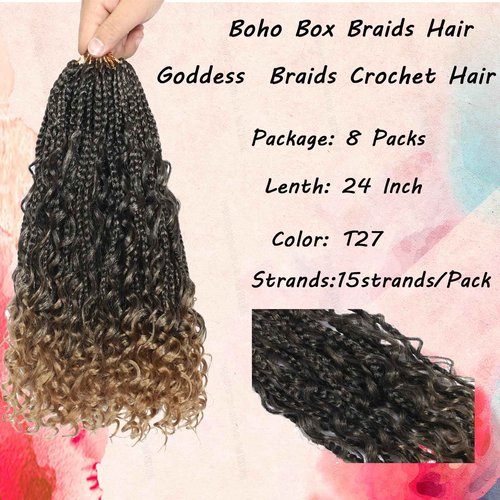 Drehande Goddess Box Braids Crochet Hair 24 Inch 120 Stands Boho Crochet Box Braids with Curly Ends 8 Packs Boho Box Braids Crochet Hair Extensions