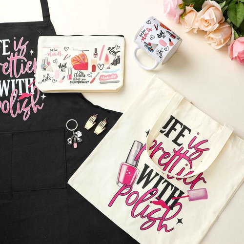 Coume 7 Pcs Nail Tech Gift Set for Women Adjustable Manicurist Apron Tote Bag Makeup Bag Mugs Scissors Charm Keychain Nails Hair Clips and Box for Female Inspirational Appreciation Gifts