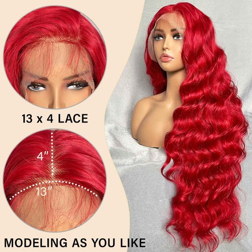 SOKU Red 13x6 Lace Frontal Wig 32 Inch Long Body Wave Pre Plucked with Baby Hair Glueless Transparent Swiss Lace Heat Resistant Synthetic Lace Front Wigs for Women Christmas Gift