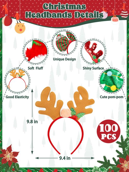 HOVACY 100 Pcs Christmas Headband, Christmas Headbands for Women Xmas Headbands for Adults Xmas Decorations Photo Booth Props