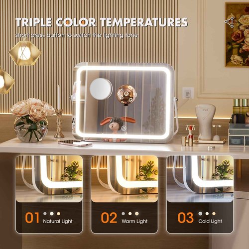 Hasipu Vanity Mirror with Lights, 16" x 12" LED Makeup Mirror, 3 Modes Light, Smart Touch Control Dimmable, 360ยฐRotation, Rectangle White Frame, with 5X Magnifying Glass