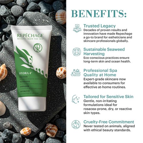 Repechage Hydra 4 Cleanser with Seaweed Extracts for Sensitive Skin - Daily Hydrating Gentle Cleanser, Removes Waterproof Makeup, Exfoliating Lactic Acid, Balances and Moisturizes Skin, 6 oz.