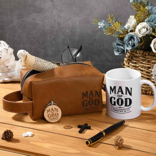 Shinylin 3 Pcs Pastors Man of God Gifts for Men Christian 11.2oz Inspirational Coffee Mug Religious Bible Verse Leather Toiletry Bag Scripture Keychain for Dad Church Baptism Souvenir Christmas