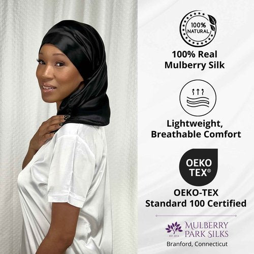 Reversible 100% Real Silk Long Hair Reversible Sleep Bonnet - Wide Band, Adjustable Tie, 22 Momme Mulberry Silk - Gunmetal