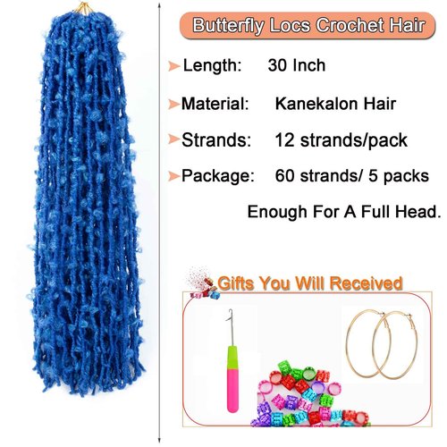 Ahrencan Blue Butterfly Locs Crochet Hair,30 Inch 5 Packs Pre Looped Distressed Faux Locs Crochet Hair For Women,Prelooped Soft Butterfly Locks Crochet Braids,Synthetic Braiding Hair(30”,5packs,Blue#)