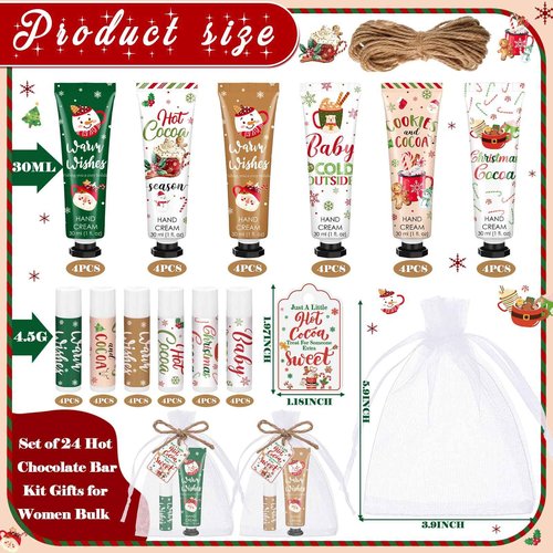 Demissle 24 Pcs Christmas Hot Cocoa Supplies Xmas Party Stuffers Christmas Stocking Favors Xmas Red Green Hand Cream and Lip Balm Gifts Set for Baby Shower Guests