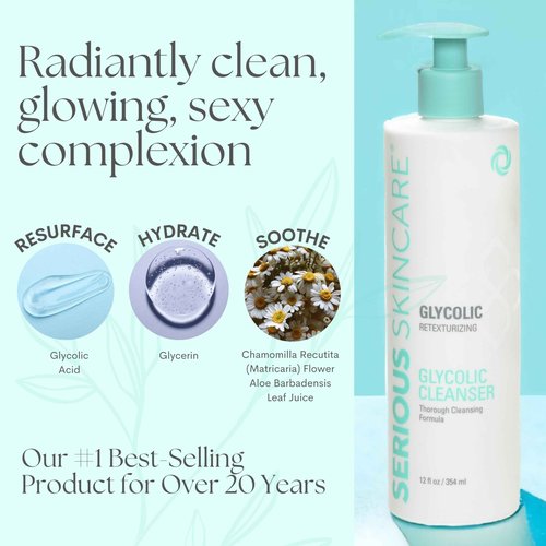 Serious Skincare Glycolic Acid Face Wash Cleanser 12 oz. + Ultrasonic Facial Cleansing Brush Tool for Women & Men, Gentle, Creamy, Oil Free + Skin Retexturizing Formula, Makeup +Blackhead Remover
