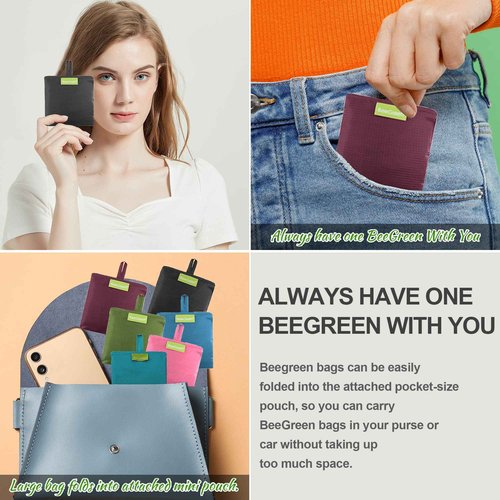 BeeGreen Colorful Kitchen Reusable Grocery Bags - Heavy Duty Foldable Polyester Shopping Bag With Handles, Bulk Travel Tote Bag with Pockets for Women Cloth Reusable Gift Bags
