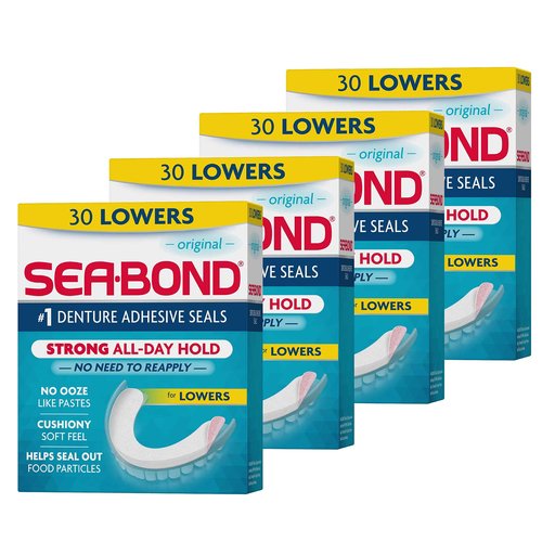 Sea Bond Secure Denture Adhesive Seals, Original Lowers, Zinc-Free, All-Day-Hold, Mess-Free, 30 Count (Pack of 4) & Secure Denture Adhesive Seals, Fresh Mint Lowers