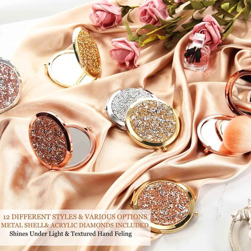 Cindeer 12 Pcs Small Compact Mirror Folding Pocket Makeup Round Hand Held Cosmetic Magnifying Compact Rhinestone Mirror with 1X/2X Magnification for Women Girls Travel (Blended Colors)