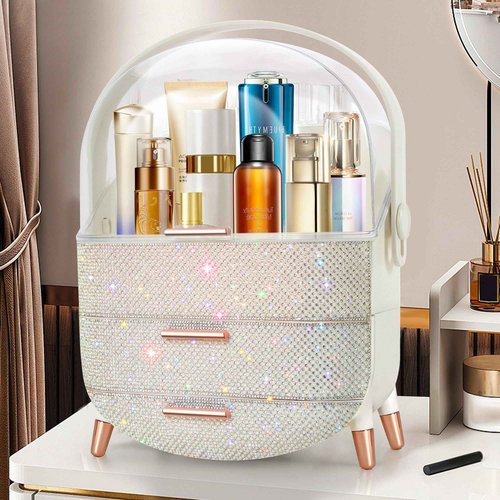 Ptesly Bling Makeup Organizer for Teen Girl Gift,Hollywood Vanity Makeup Storage Box for Girl Birthday Gift,Practical Gift for Daughter,Bathroom Organizer,Skincare Organizer (Rhinestone White)
