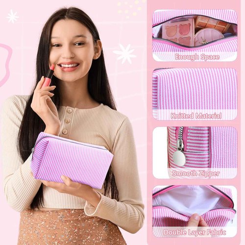 Giesiery 8 Pack Seersucker Makeup Bags - Large Capacity Travel Cosmetic Organizer for Women, Preppy Toiletry Pouch for Skincare Brushes & Beauty Accessories, Bulk Wedding Bridesmaid Gifts