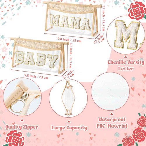 Belanttega Boho Patch Cosmetic Bag, Mother's Day MAMA BABY Chenille Varsity Letter Travel Toiletry Makeup Bag Summer Beige Clear Waterproof Makeup Pouch PVC Zipper Clutch Daily Use Purse for Mom Women