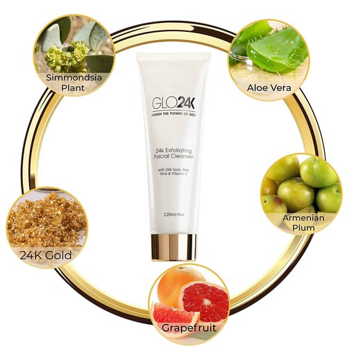 GLO24K Exfoliating Facial Cleanser & Night Cream with 24k Gold, Retinol, and Aloe Vera. Optimize your Daily Beauty Routine.