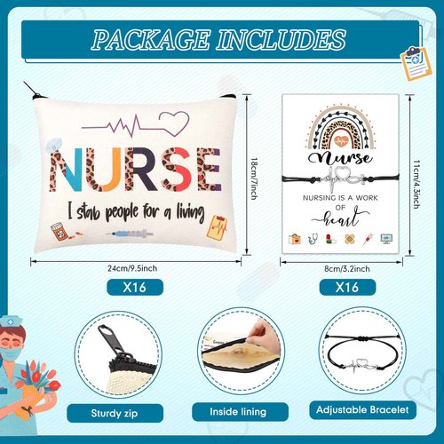Yinkin 32 Pcs Nurse Appreciation Gift 2025 for Nurse Week 16 Canvas Makeup Cosmetic Bags Survival Kit and 16 Blessing Card Bracelets, Christmas Medical Staff Practitioner Gift for Women(Retro)