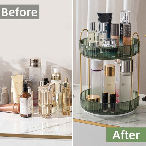 Makeup Organizer for Vanity, 360° Rotating Bathroom Organizer Countertop, High-Capacity Skincare Organizer, Spinning Cosmetics Organizer for Dresser Countertop (2 Tiers, Green)