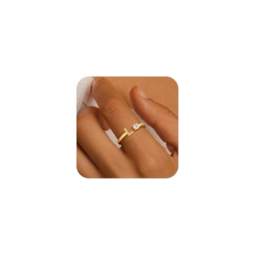 Gold Initial Rings for Women Girls, 14K Gold Plated Adjustable Initial Rings Teen Girl Gifts Trendy Stuff Letter Ring Birthday Gifts for Teenage Girls Non Tarnish