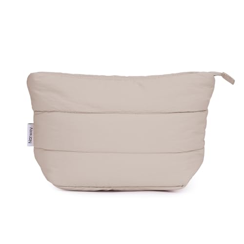 Narwey Small Makeup Bag for Travel Women Girl, Puffer Cosmetic Bag Makeup Pouch for Purse with Zipper, Cute Puffy Make Up Organizer Bags, Travel Toiletry Bag Toiletries (Khaki)
