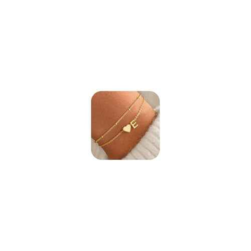 M MOOHAM Initial Heart Bracelets for Women - Layered Dainty 14K-Gold-Plated Heart Letter A-Z Charm Bracelets for Women, Chain Link Charm Bracelets Beaded Bracelets Birthday Gifts Womens Jewelry