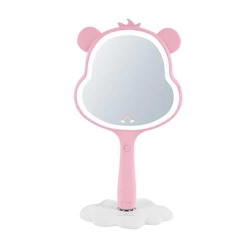 Impressions Vanity Care Bears Cheer LED Handheld Makeup Mirror for Desk, Lighted Travel Makeup Mirror with Detachable Standing Base, Ultra Bright Adjustable Lighting and Figural Shaped (Pink)