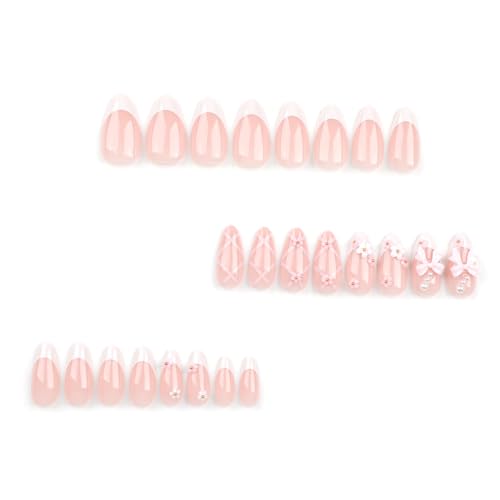 Almond Press on Nails White French Tip Fake Nails 3D Flower Pink Bow Nail Designs Luxury Acrylic Artificial Nails Full Cover False Nails French Natural Fit Stick on Nails for Women 24Pcs