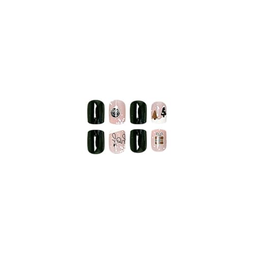 24 Pcs Christmas Green Press on Nails Short Square - SHANRUN Xmas Pink Fake Nails Press ons Nail Art Tip Glue on Nails Full Cover Artificial Acrylic False Nails Christmas Tree Lantern Gift Box Design